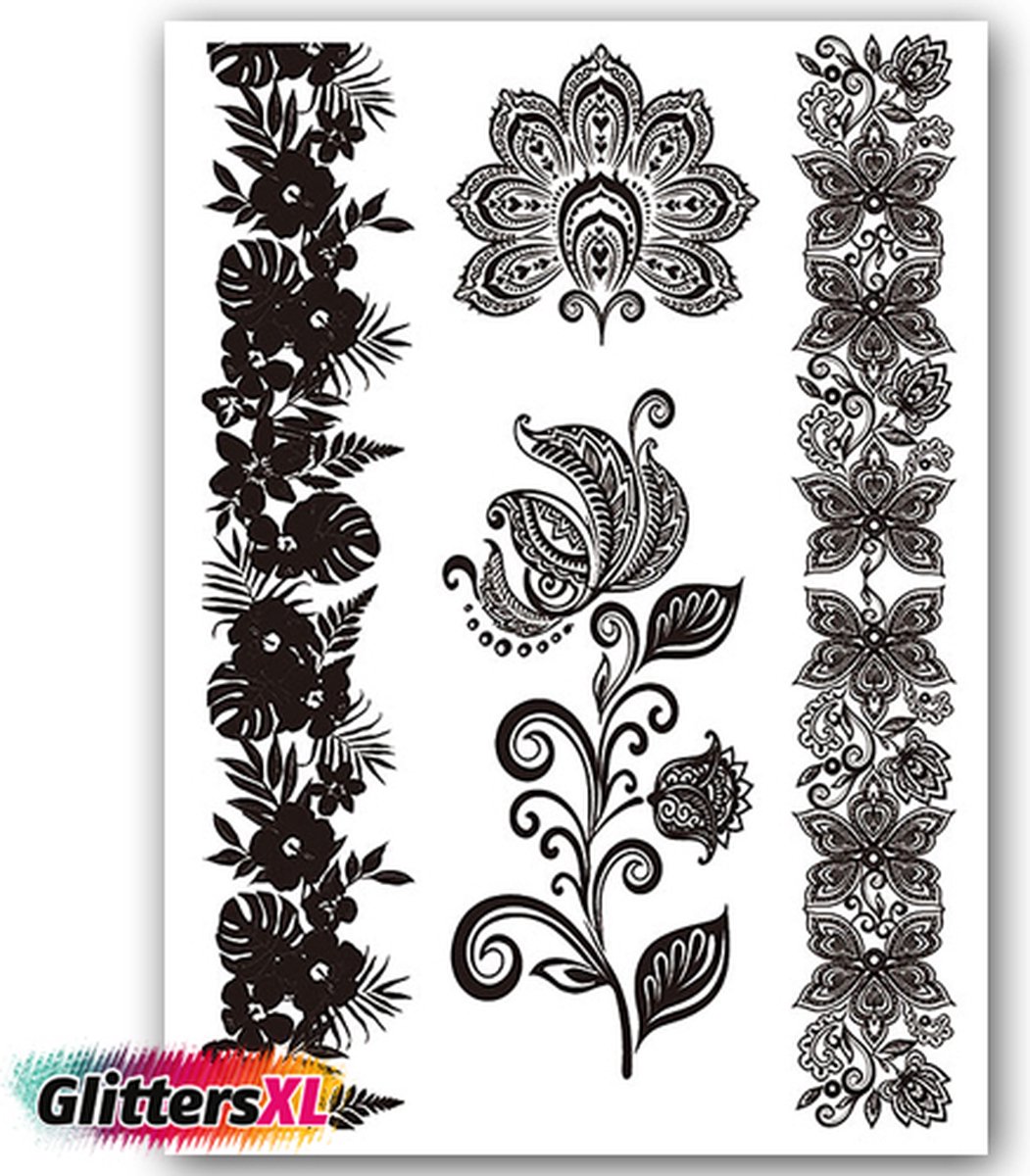 GlittersXL - Temporary Tattoo Henna (A5 formaat) [Neptattoo - Tijdelijke tatoeage - Nep Fake Tattoos - Water overdraagbare festival sticker henna outfit tattoo - Glitter tattoo - Volwassenen Kinderen Jongen Meisje]